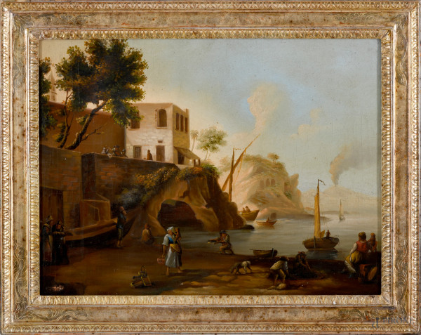 Figure sulla costa, olio su tela, XX secolo, cm 60x80 entro cornice, (cadute di colore, lieve craquelere e ondulazioni della tela)