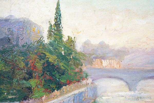Paesaggio con ponte, tela su cartone, cm 26,5x38, firmato "C. sala in basso a sinistra", entro co...