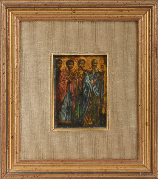 Icona con quattro santi, tempera su tavola, XIX secolo, cm 12,5x9,entro cornice, (difetti)