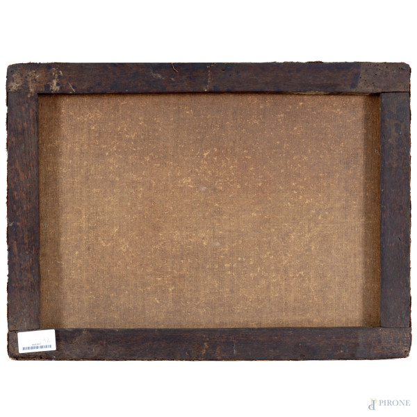 Coppia di paesaggi con figure e armenti, XIX secolo, olio su tela, cm 45,5x62, (craquelure, solle...
