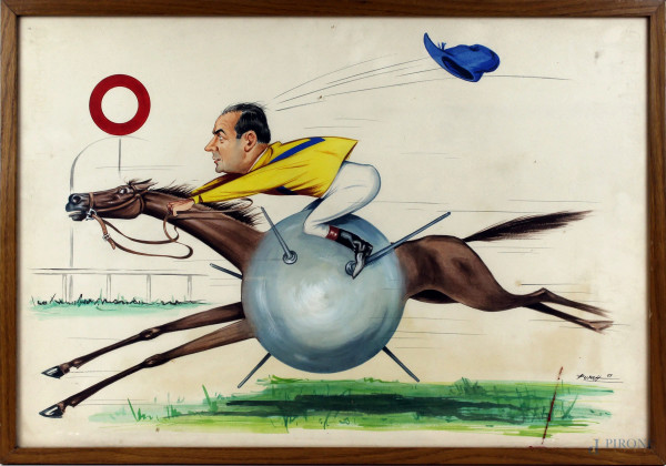 Caricatura di fantino a cavallo, acquarello su cartoncino, cm 38x56, firmato Punch, entro cornice.