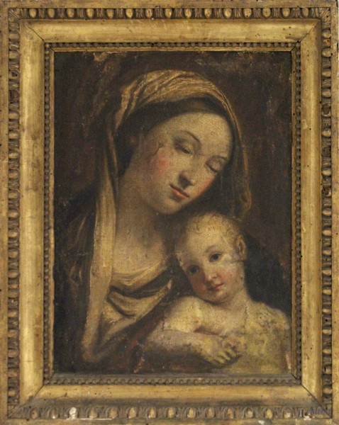 Madonna con Bambinello, olio su tela riportato su tavola 40x28 cm, cerchia di Sassoferrato, entro cornice.