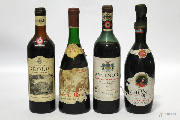 lotto di quattro vini chianti: Delini 1964, Castello di Brolio 1964, Antinori 1964, Il Magnifico Ruffino 1969.