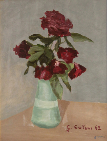 G. Cuturi, vaso con fiori, olio su tela, cm 50x40, entro cornice.