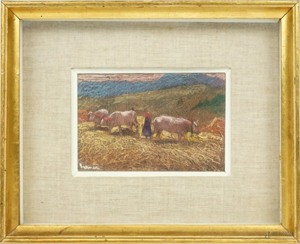 Lino Farnesi - Pastorella con bovini, olio su cartone, cm 10x15 circa, entro cornice