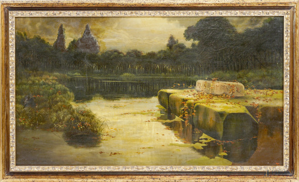 Verso sera nelle Paludi pontine, olio su tela, cm 48x84,5, siglato e datato "MRD 1916" in basso a destra, entro cornice, (difetti)