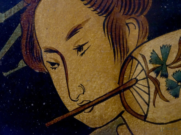 Lotto di quattro stampe rappresentanti geishe, XX secolo, misura max cm 107x52 circa, entro corni...