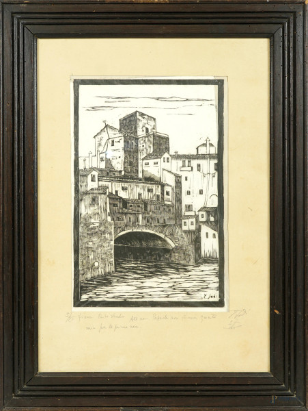 Ponte Vecchio, xilografia su carta velina, firmato in basso a destra Elodi, esemplare 3/25, cm 45,3x30 circa, entro cornice (gore e strappi della carta)