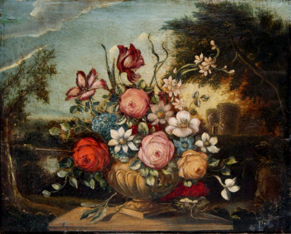 Scuola italiana XX sec, Natura morta di fiori, olio su tela, entro cornice