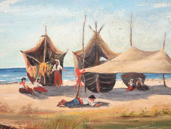 Spiaggia con barche a secco e figure, olio su cartone, firmato, cm 34,5x75, entro cornice