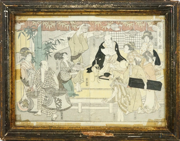 Kitagawa  Utamaro - Scena di festa intorno al padrone di casa, stampa a colori su carta, cm 20x27,5, entro cornice, (difetti).