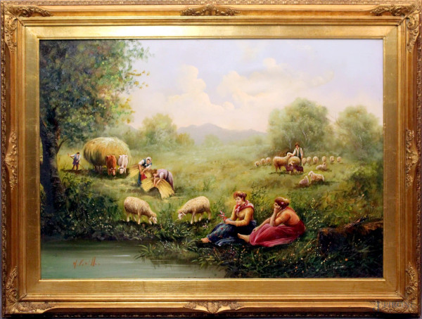 Paesaggio campestre con contadini, pastorelle e gregge, olio su tela cm 70x50, firmato, entro cornice.