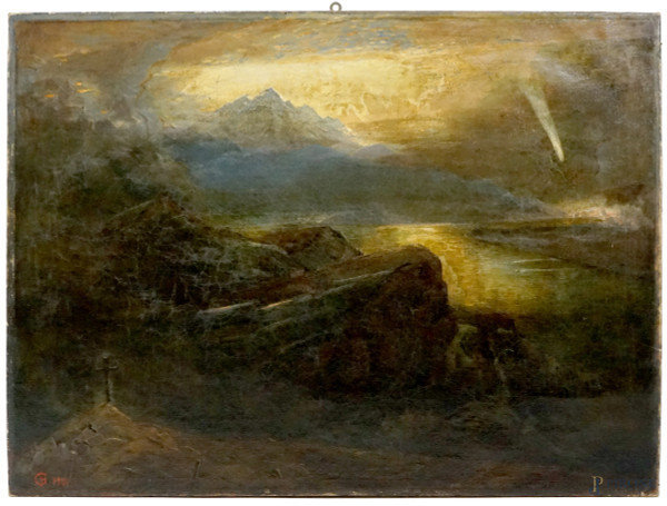Paesaggio, olio su tela, cm 94,5x127, con monogramma e data in basso a sinistra, (lievi difetti)