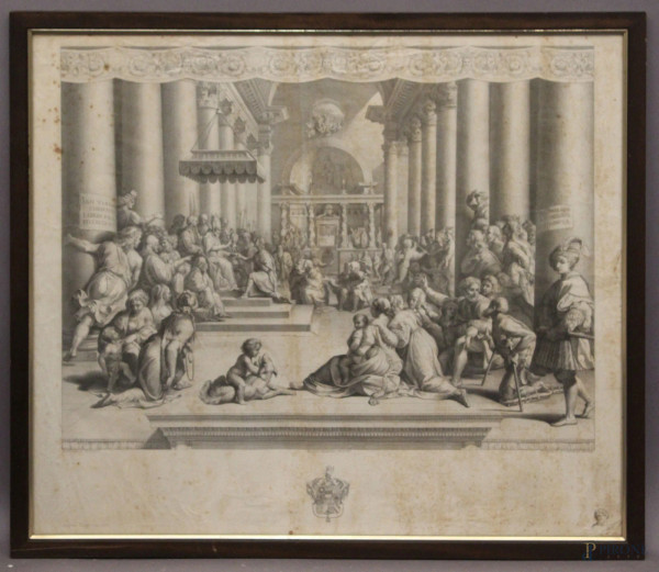 Omaggio al Papa da un&#39;idea di Raffaello impressa da AngeloBiggi su disegno di Filippo Prosperi e incisione di Tommaso di Lorenza 46x53 cm.