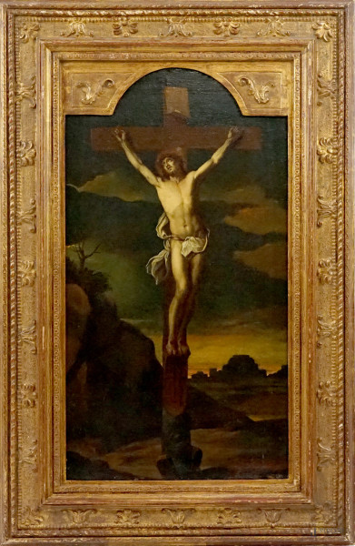 Pittore del XVII secolo, Crocifissione, olio su tela, cm 84x46, entro cornice, (difetto sulla tela).