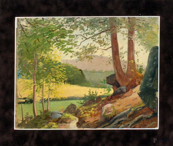 Paesaggio fluviale con alberi, olio su cartoncino, cm. 27x34, a firma F. Petiti.