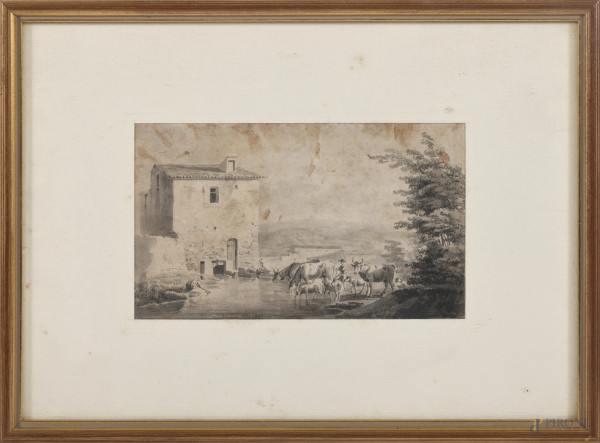 Casolare con armenti, XX secolo, stampa ritoccata, cm 11,5x19, entro cornice, (foxing, bruniture, gore, tracce di umidità, difetti)