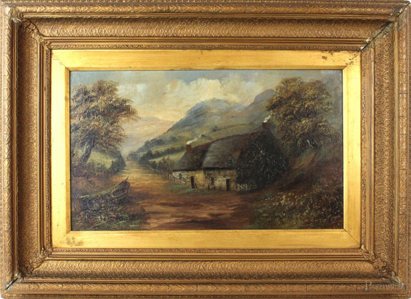 Paesaggio montano con casolare, olio su tela applicata su tavola, cm 30x50, inizi XX secolo, entro cornice