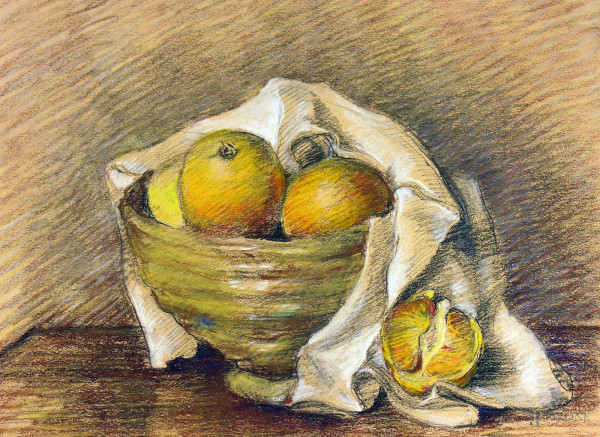 Artista del Novecento, Cesto con frutta, pastelli ad olio su carta, cm 40x30 