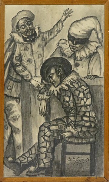 Maschere - Commedia dell'arte, dipinto double face ad olio su tavola, cm 73,5x42, firmato Pitti Bianconi,  entro cornice.