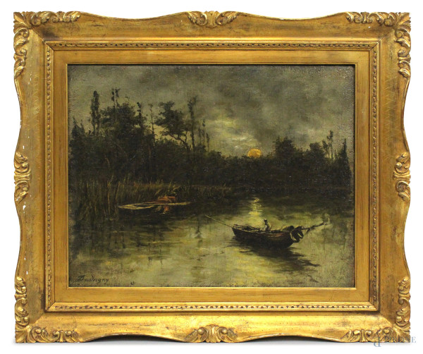 Paesaggio lacustre con imbarcazioni, olio su tela, cm 46,5x59,5, firmato Daubigny, entro cornice.