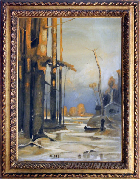 Paesaggio invernale, olio su tela, cm 75 x 55, entro cornice.