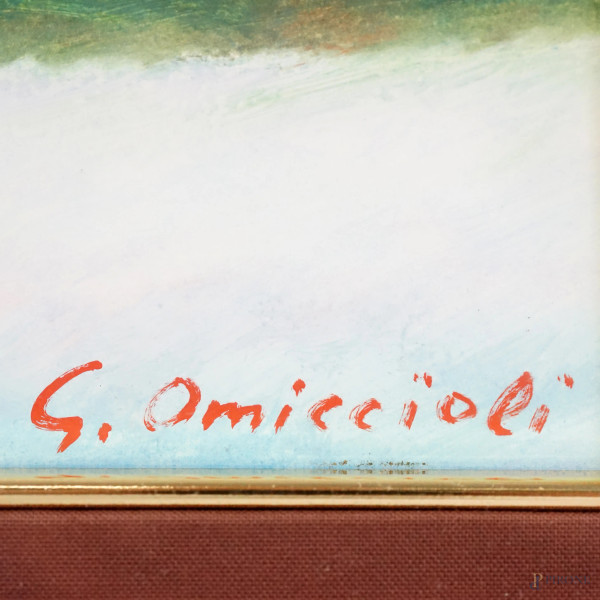 Paesaggio, olio su cartone, cm 25x35, firmato Omiccioli, entro cornice