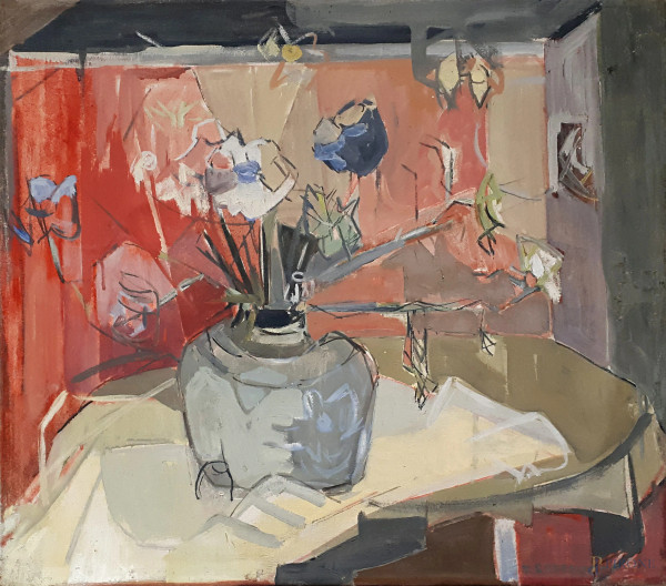 Artista espressionista Belga del Novecento, Vaso con fiori, olio su tela, cm 48x55, opera dell’artista Geetrudia (Trudi) Antonia Sodenkamp (1916), firmato in basso a destra.
