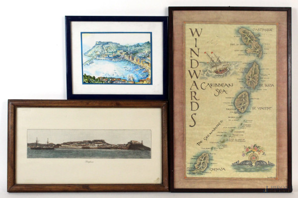 Lotto di tre stampe raffiguranti Portoferraio, l'Isola d'Elba e le Windward Islands, misure max cm. 47,5x30,5, XX secolo, entro cornici