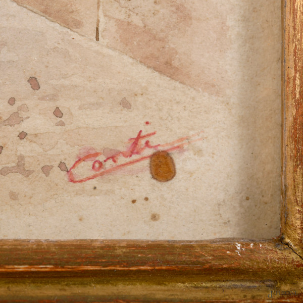 Coppia di acquerelli con figure popolari, XX secolo, cm 19,5x12, firmato in basso a destra, entro...