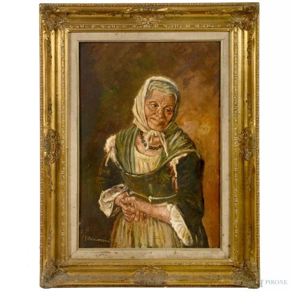 Ritratto di donna anziana, olio su tela, cm 60x40, firmato in basso a sinistra, entro cornice