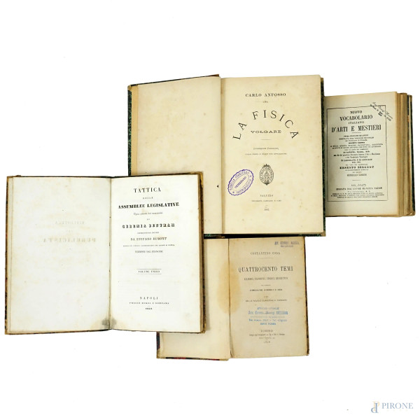 Lotto di quattro volumi del XIX secolo, autori ed edizioni diverse, (difetti)