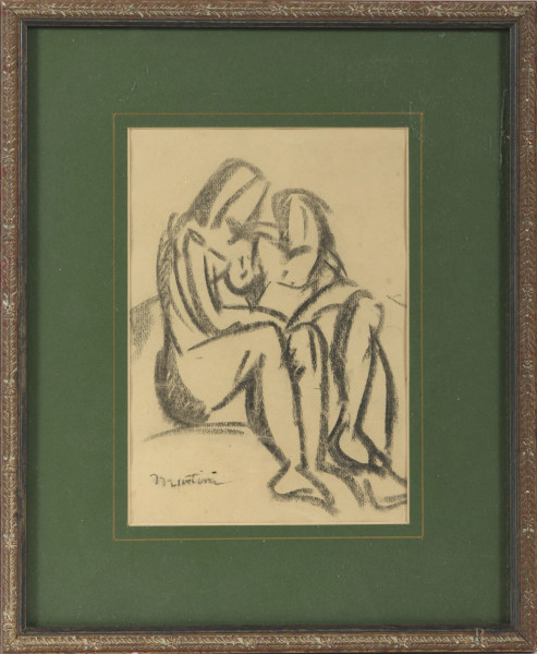 I due amanti, XX secolo, carboncino su carta, cm 22,5x16, firmato in basso a sinistra, entro cornice, (lievi tracce di umidità e tracce di piegatura)