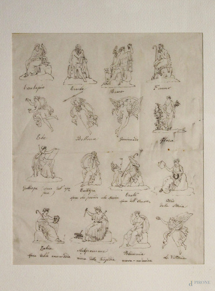 Personaggi della mitologia, disegni su carta 27x24 cm, entro cornice.