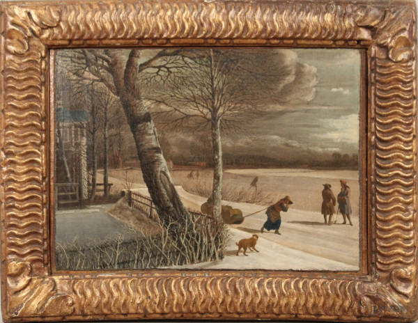 Pittore fiammingo del XVIII secolo, paesaggio invernale con figure, olio su tela, cm. 33x45,5, entro cornice.