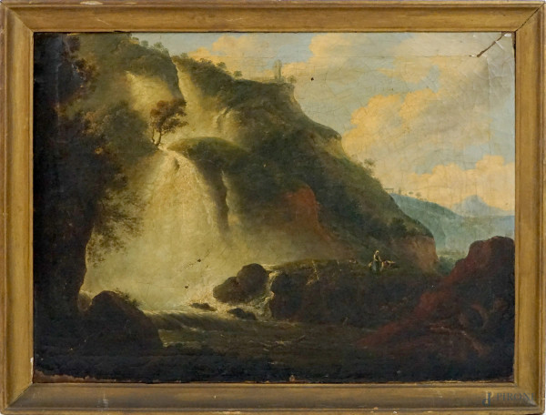 Pittore del XIX secolo, Paesaggio con cascata e figure, olio su tela, cm 62x86, entro cornice, (cadute di colore).