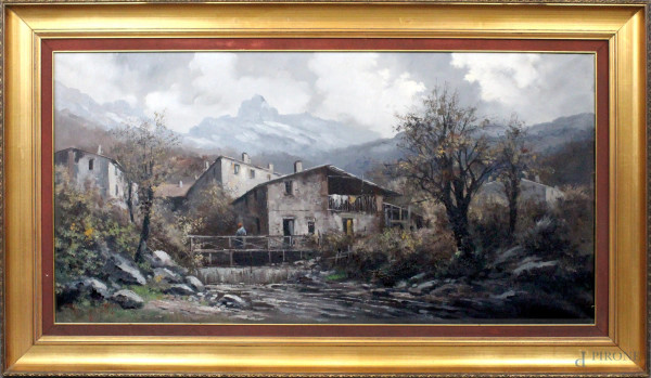 Ercole Magrotti - Baita d&#39;alta montagna, olio su tela, cm. 60x120, entro cornice