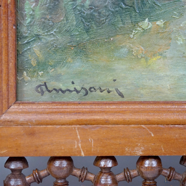 Paesaggio montano con figure, XIX secolo, olio su compensato, cm 20x27, firmato, entro cornice, (...