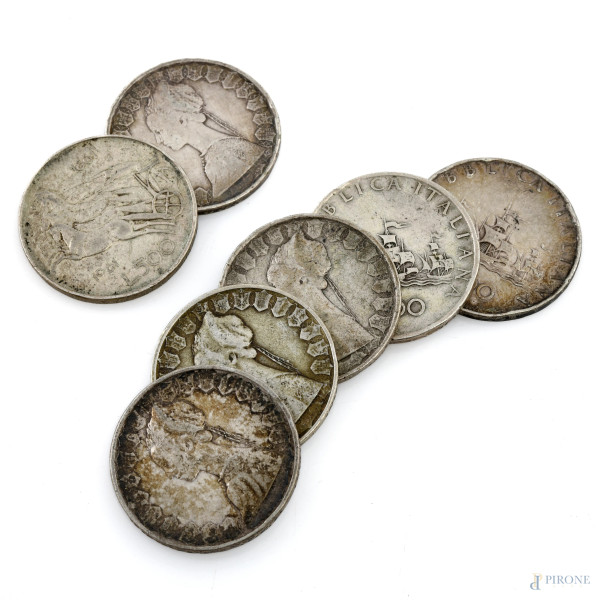 Lotto di sette monete da 500 lire in argento, peso complessivo gr 75