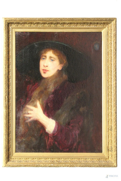 Evangelina Gemma Alciati - Donna con cappello, dipinto ad olio su tela, cm 75 x 58, entro cornice.