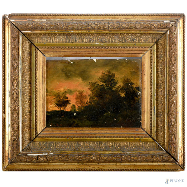 Paesaggio al tramonto, olio su tavola, cm 15,5x21,5 entro cornice, (difetti)
