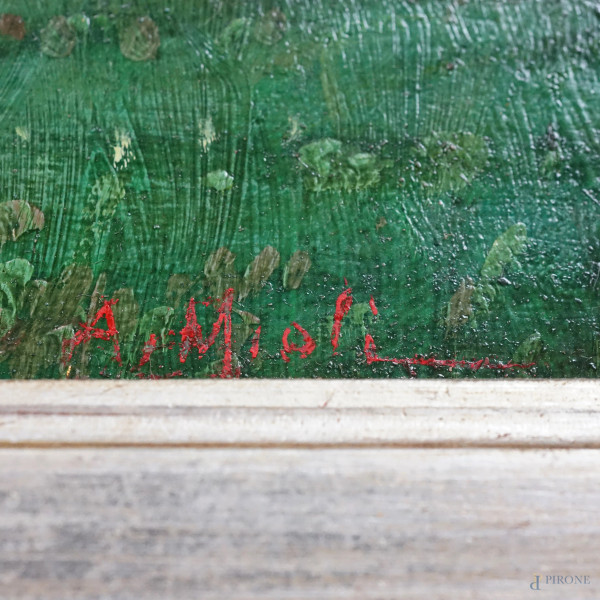 Paesaggio campestre con contadino, olio su tavola, firmato A. Mioli, cm 14x29, entro cornice