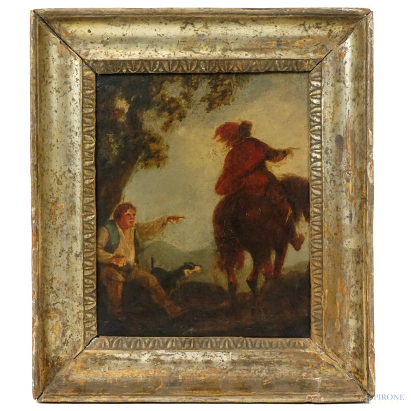 Pittore fiammingo di fine XVII-inizi XVIII secolo, Cavaliere e viandante, olio su tela, cm 29,5x24, entro cornice.