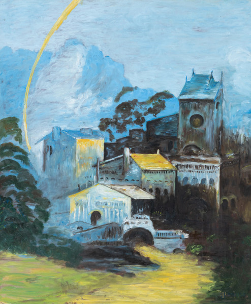 Veduta di paese, XX secolo, olio su cartone telato, cm 60x50, (supporto lievemente imbarcato)