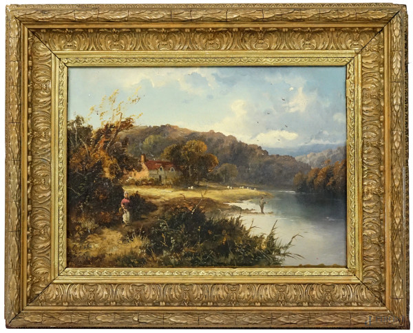 Paesaggio lacustre con figure, olio su tela, cm 26x36, XX secolo, in cornice
