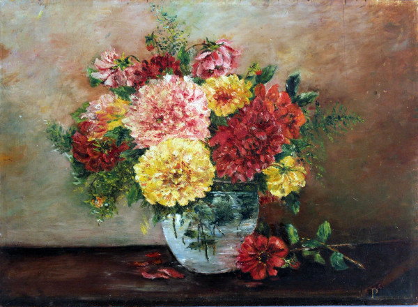 Vaso con fiori, olio su tavola, cm. 40x55, siglato.