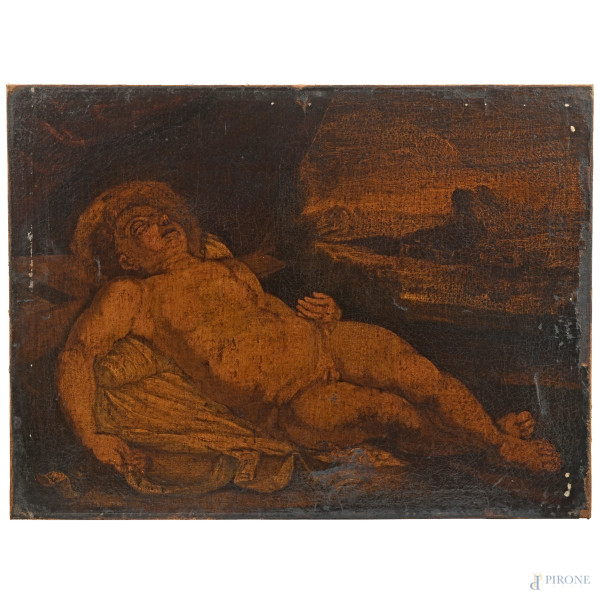 Cristo bambino dormiente, XVII-XVIII secolo, olio su tela, cm 57x67,5, (segni di usura, abrasioni, cadute di colore, lacerazioni)