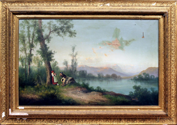 Paesaggio con pastorelli, olio su tela, cm 65 x 105, firmato, entro cornice, rotture.