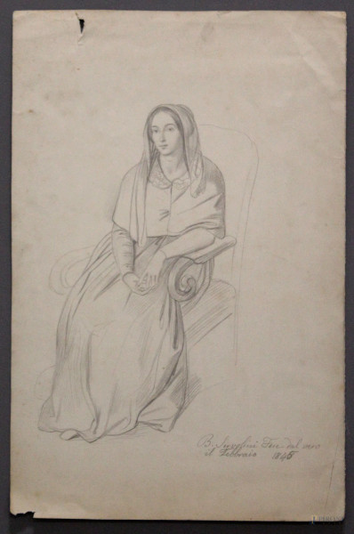 Ritratto di ragazza, disegno a matita su carta, 43x29, datato