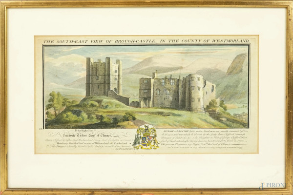 Samuel &amp; Nathaniel Buck - The south-east view of Brough Castle in the country of Westmorland, stampa acquerellata a mano, prima metà del XVIII secolo, cm 32x48,2 (compreso passepartout), entro cornice